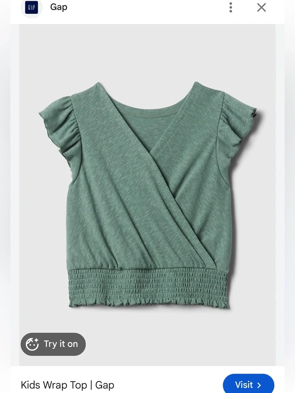 GAP Sage Dark Forest Green V-Neck Smocked Hem Flutter Sleeve Top Sz 6/7 Cotton